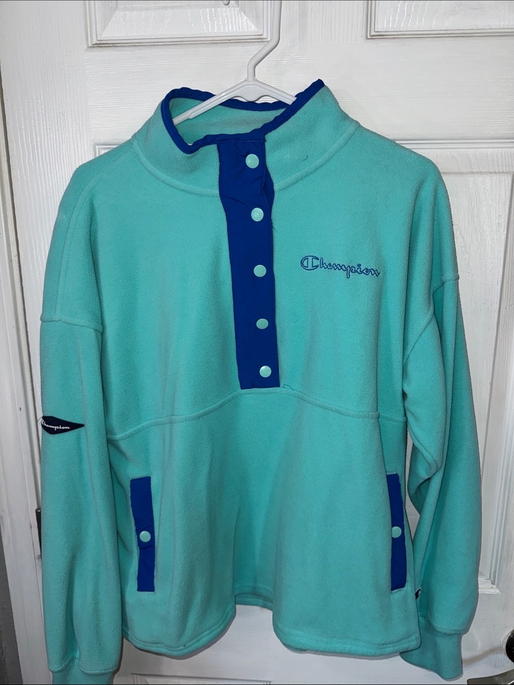 Champion Teal Fleece Pullover with Navy Snap Placket